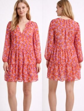 Babydoll Floral Mini Dress Pink Orange Boho Flowy Long Sleeve Size S